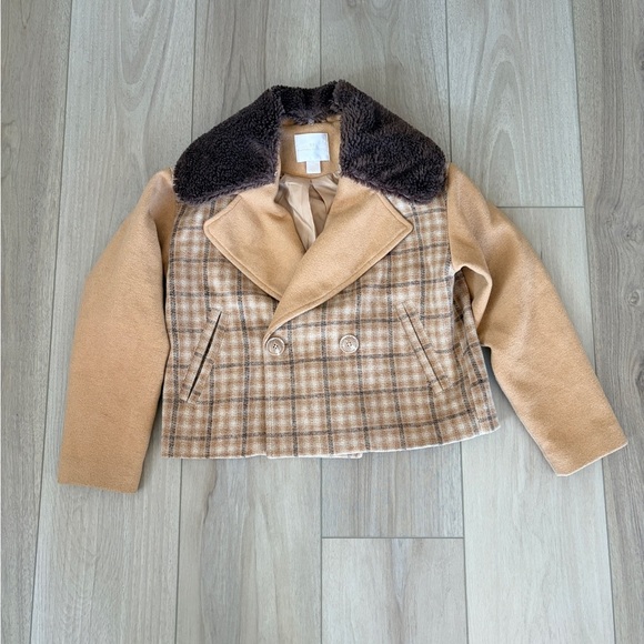Rachel Parcell Jackets & Blazers - Rachel Parcell Tan Almond Plaid Double Breasted Faux Fur Collar Coat Size XS EUC